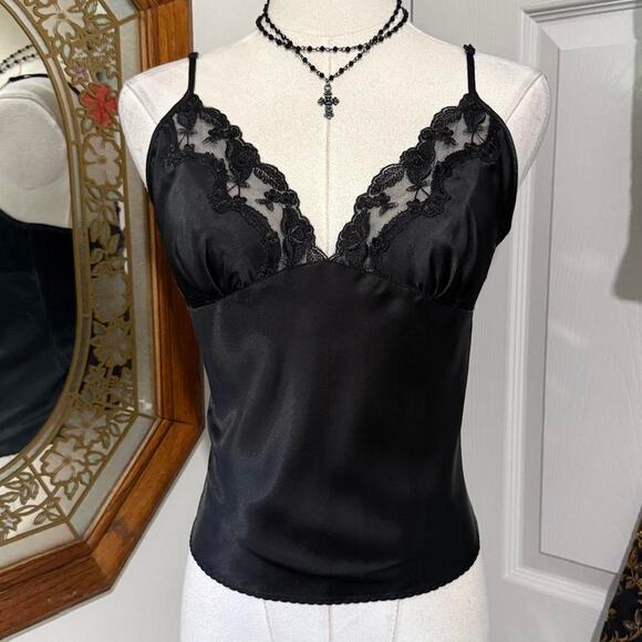 Victoria's Secret Other - VTG Y2K Victoria's Secret Black Satin Floral Lace Trim Cropped Mini Cami Top M